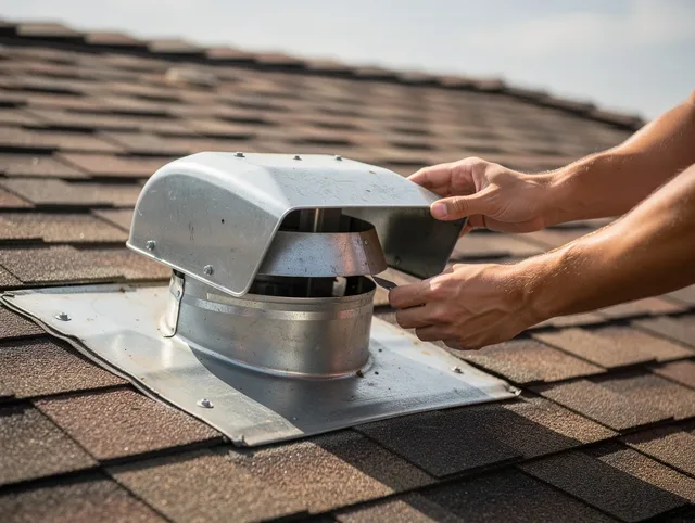 Fort Collins Dryer Vent Cleaning certified technician safely cleaning a roof-mounted dryer vent in Fort Collins